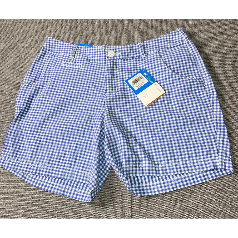 Columbia Super Bonehead PFG Fishing Shorts Womens 8x6 Blue Gingham Regular Fit